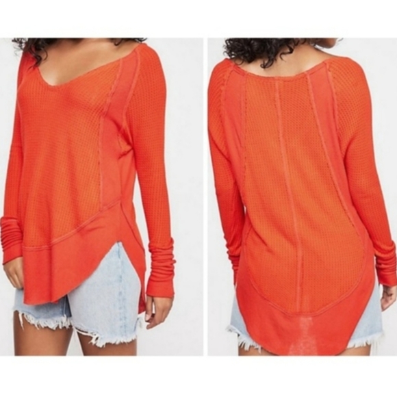 Free People Catalina Orange Thermal Oversized Waffle Knit Top Size S - Picture 12 of 12